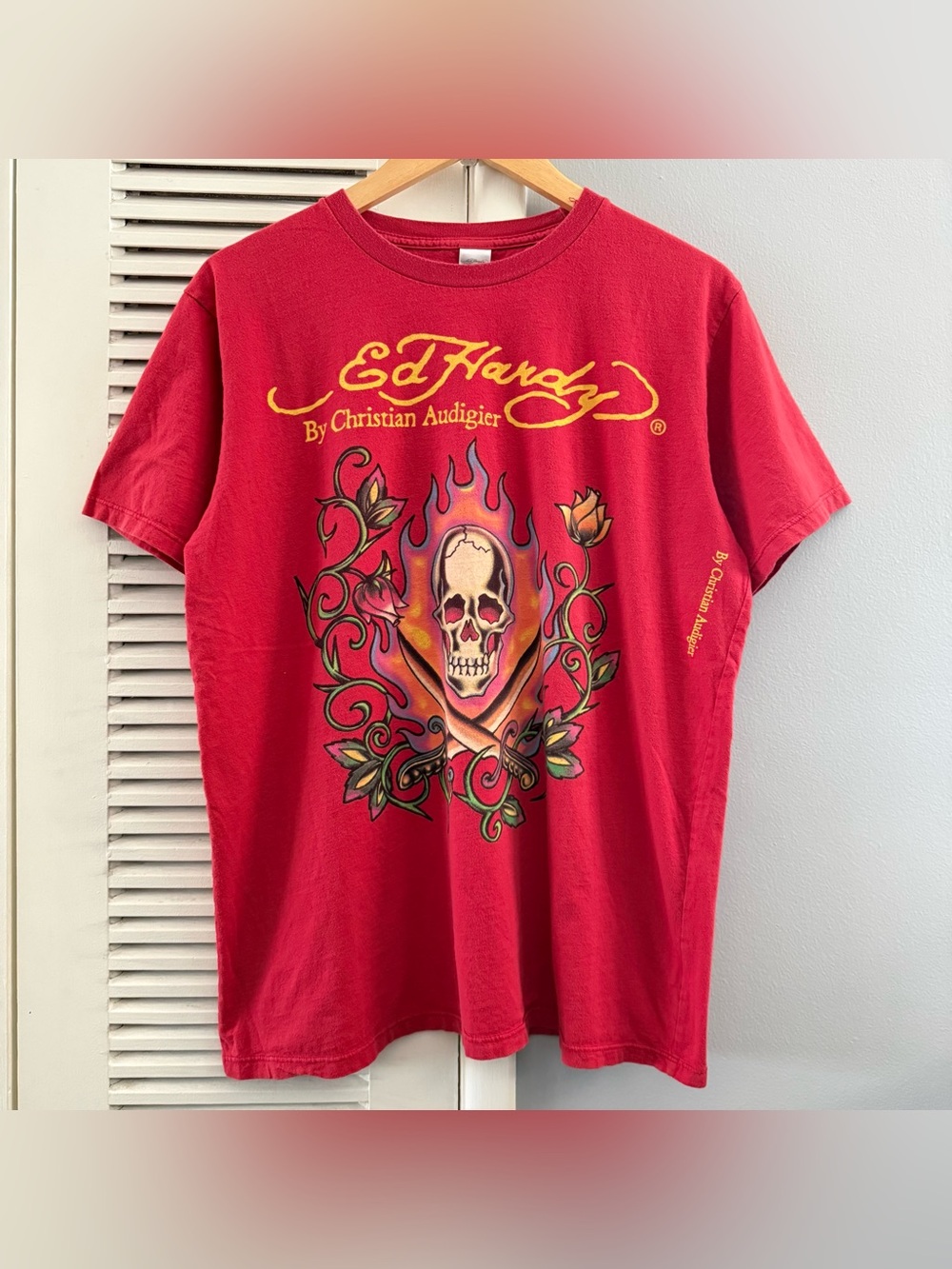 Vintage Y2K Ed Hardy By Christian Audigier Skull Roses Flames T-shirt Mens Sz L